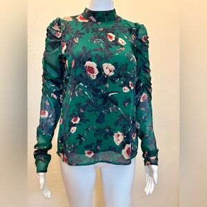 Vero Moda Green Floral High-Neck Ruched Blouse – Size XS